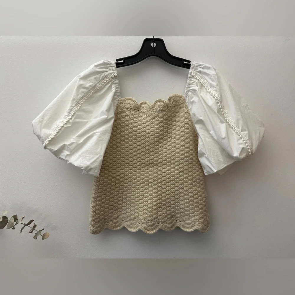 Sea New York Sweater Beige and White Puff Sleeve Crop Top NWT - Picture 3 of 6